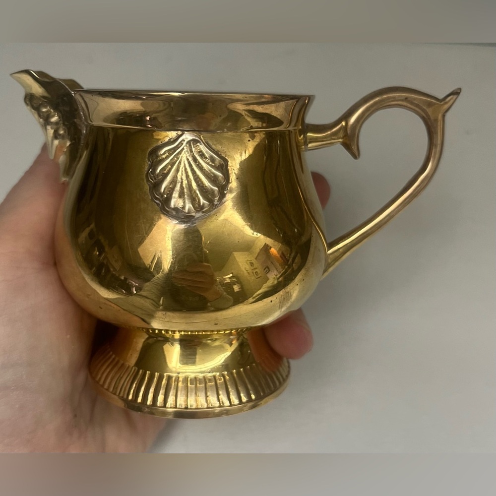 Vintage Brass Pitcher with Embossed Clam Shell - Picture 3 of 8